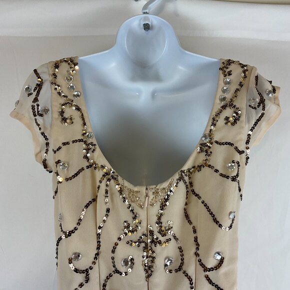 Shail K. Romper 2 Cream Brown Sequin Rhinestones Lined Short Sleeve Tie Waist - Picture 9 of 14